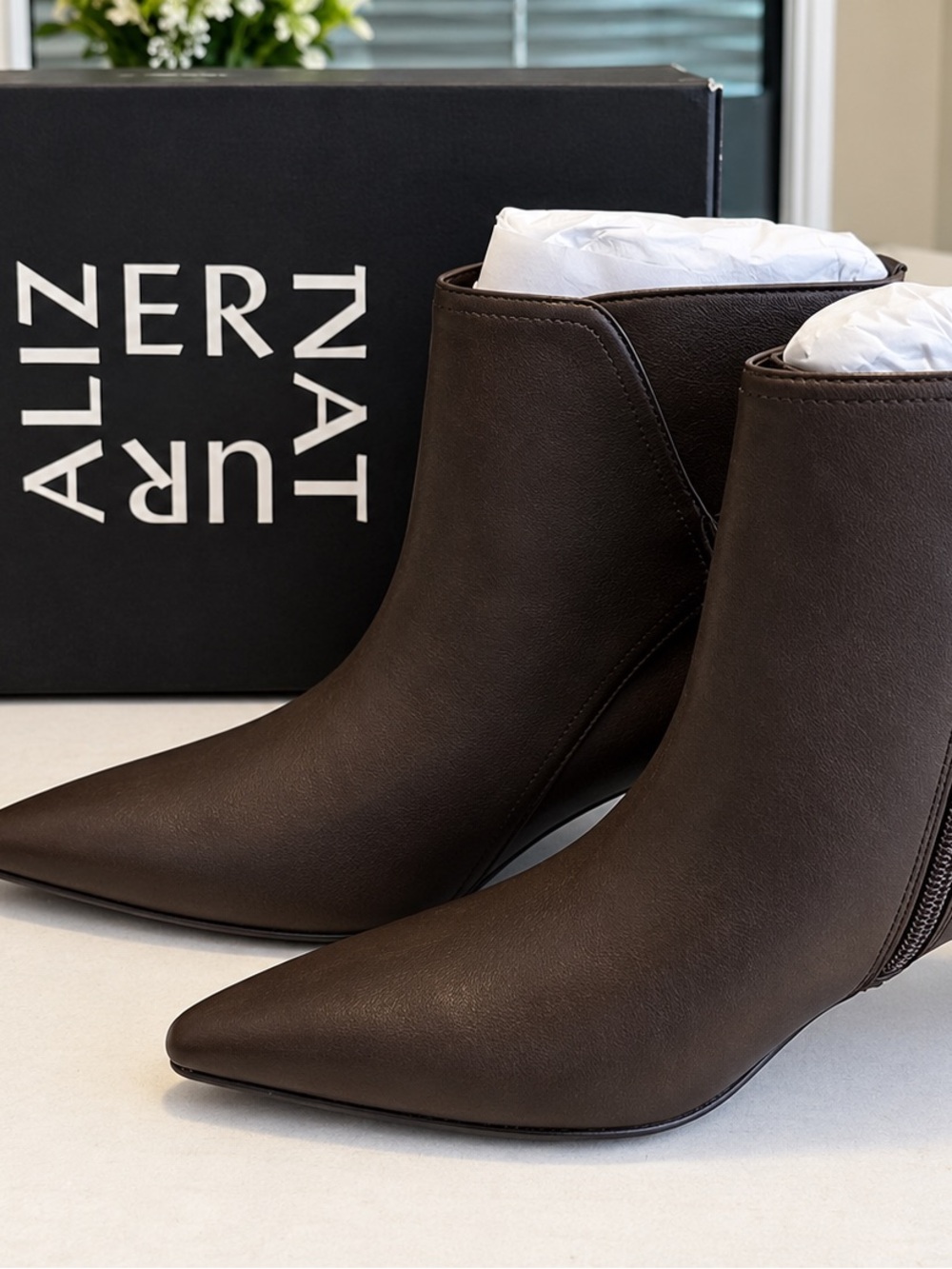 Tucker Dark Brown Pointed Toe Ankle Boots with Side Zip